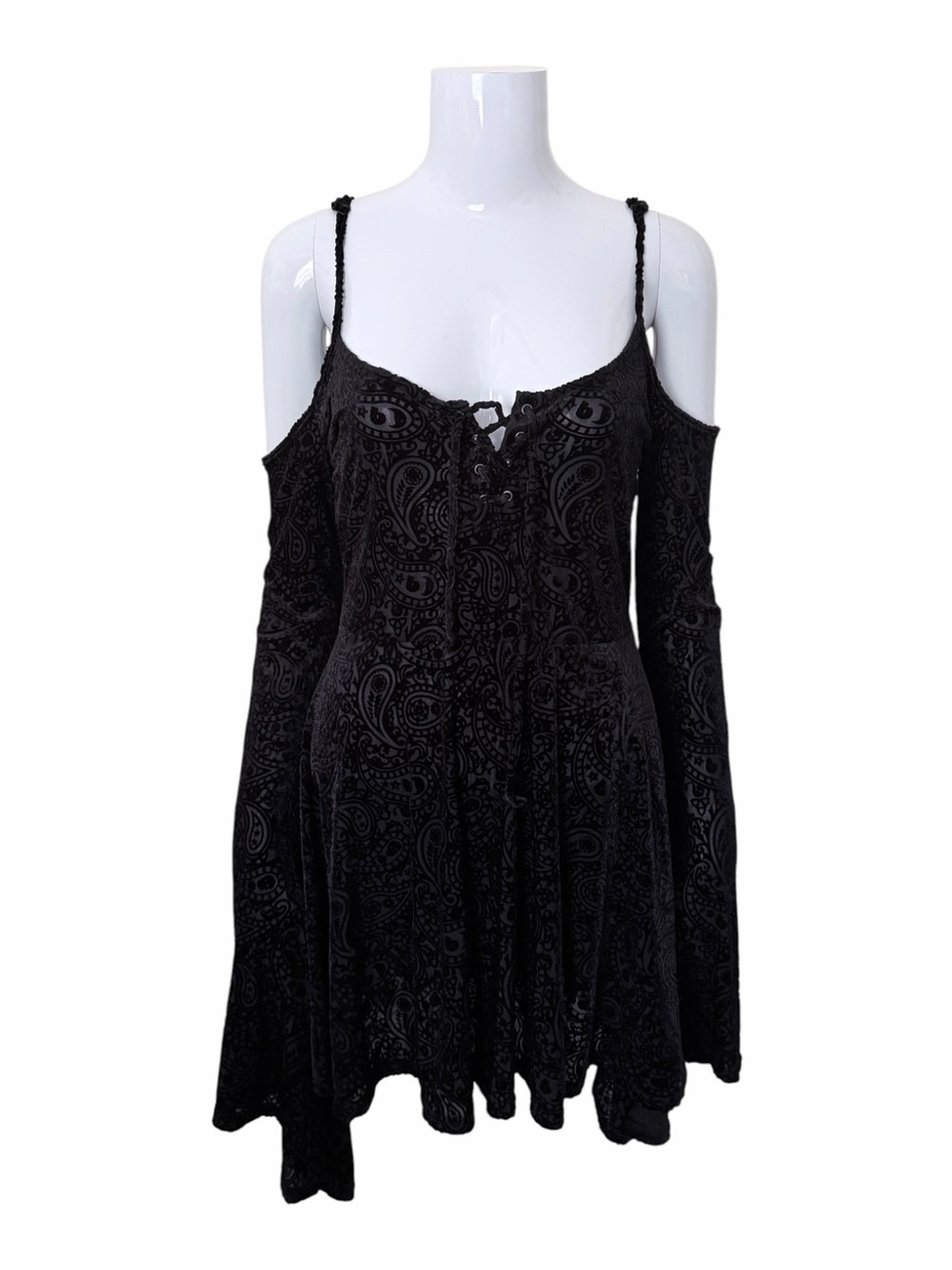 Killstar Lace Up Front Cold Shoulder Burnout Skater Dress - Picture 2 of 8